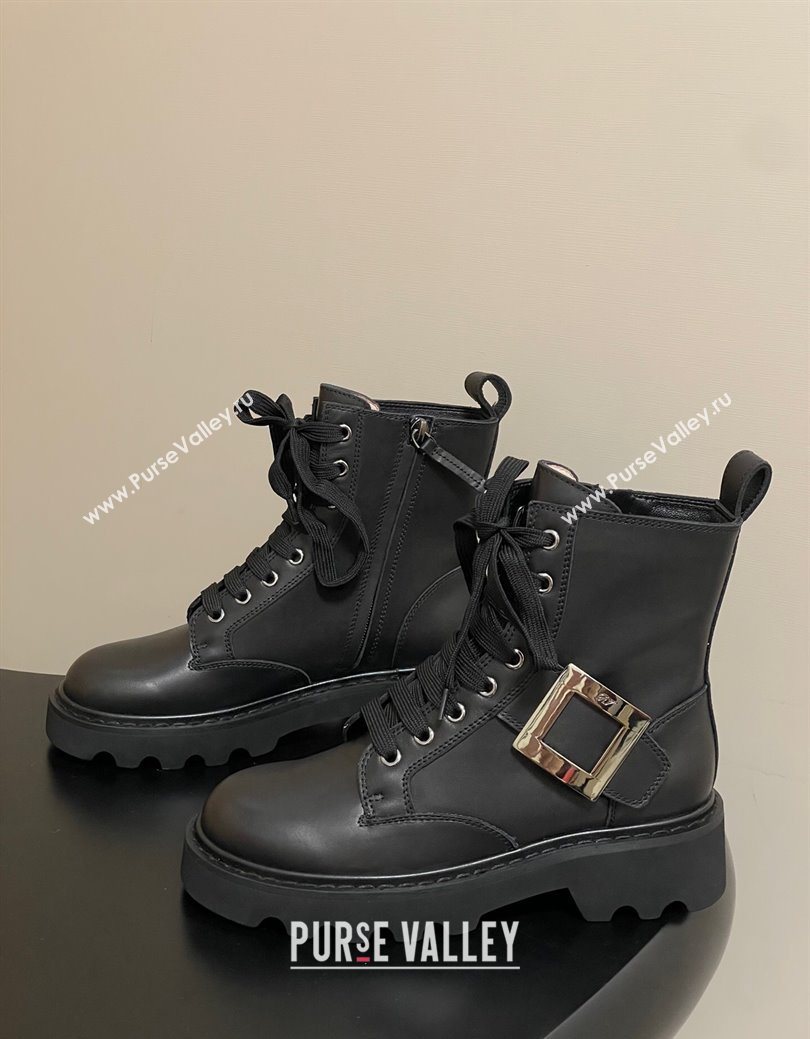 Roger Vivier Viv Rangers Truck Ankle Boots 5cm in Leather with Metal-Tone Buckle Black 2025 (MD-251030064)