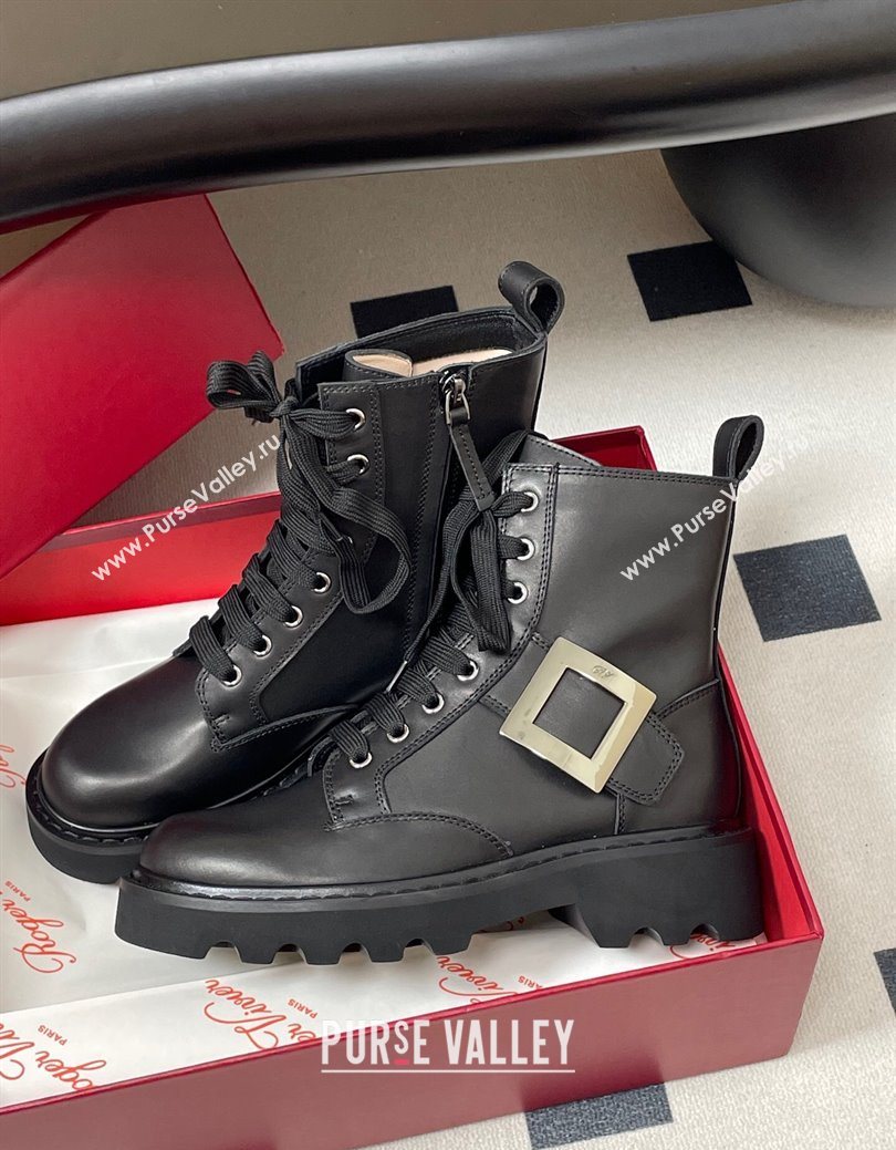 Roger Vivier Viv Rangers Truck Ankle Boots 5cm in Leather with Metal-Tone Buckle Black 2025 (MD-251030064)