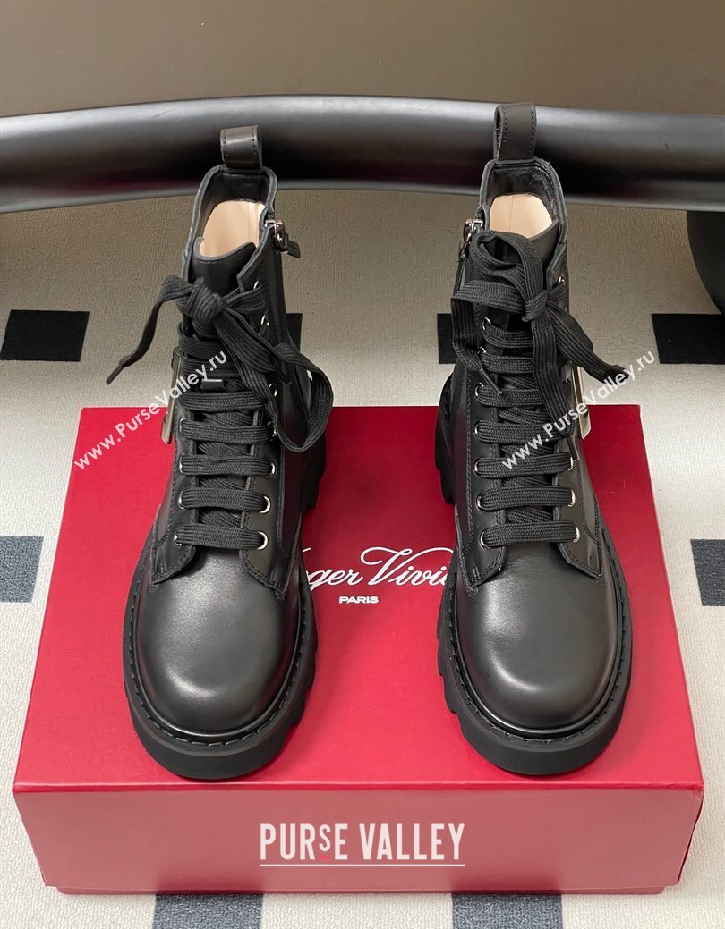 Roger Vivier Viv Rangers Truck Ankle Boots 5cm in Leather with Metal-Tone Buckle Black 2025 (MD-251030064)