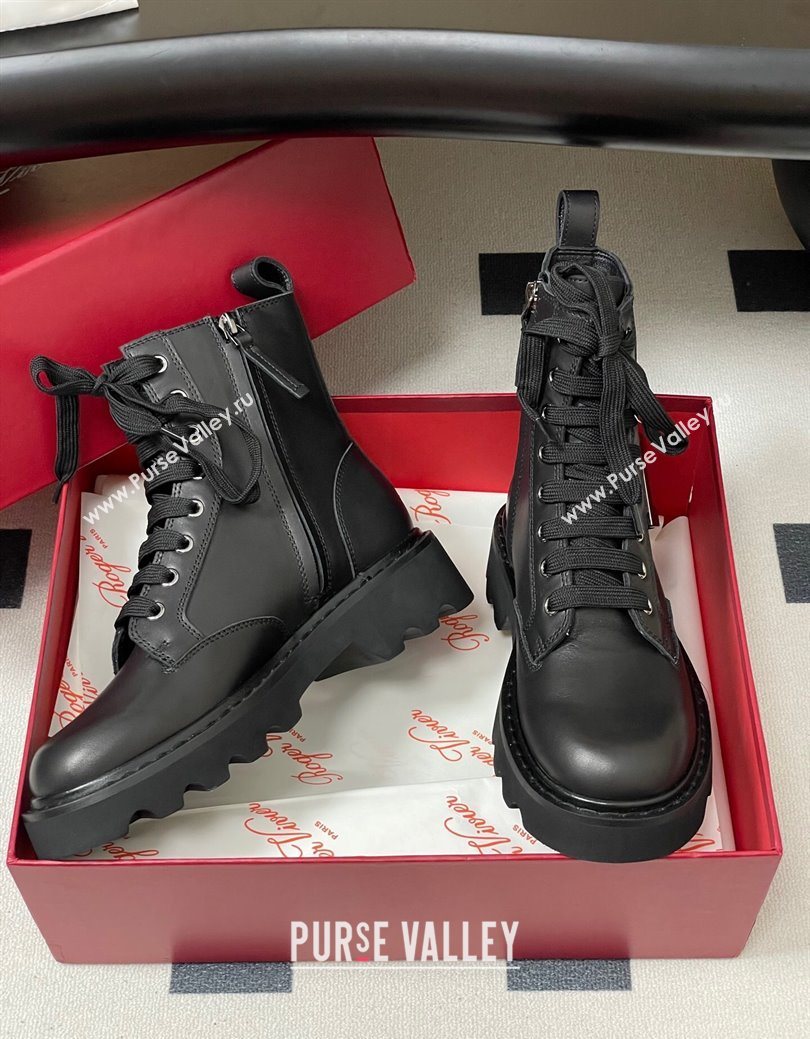 Roger Vivier Viv Rangers Truck Ankle Boots 5cm in Leather with Metal-Tone Buckle Black 2025 (MD-251030064)
