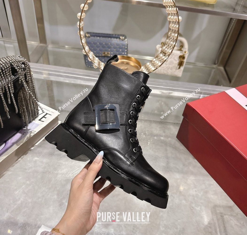 Roger Vivier Viv Rangers Truck Ankle Boots 5cm in Calfskin Leather with Metal Buckle Black/Silver 2025 (MD-251212035)