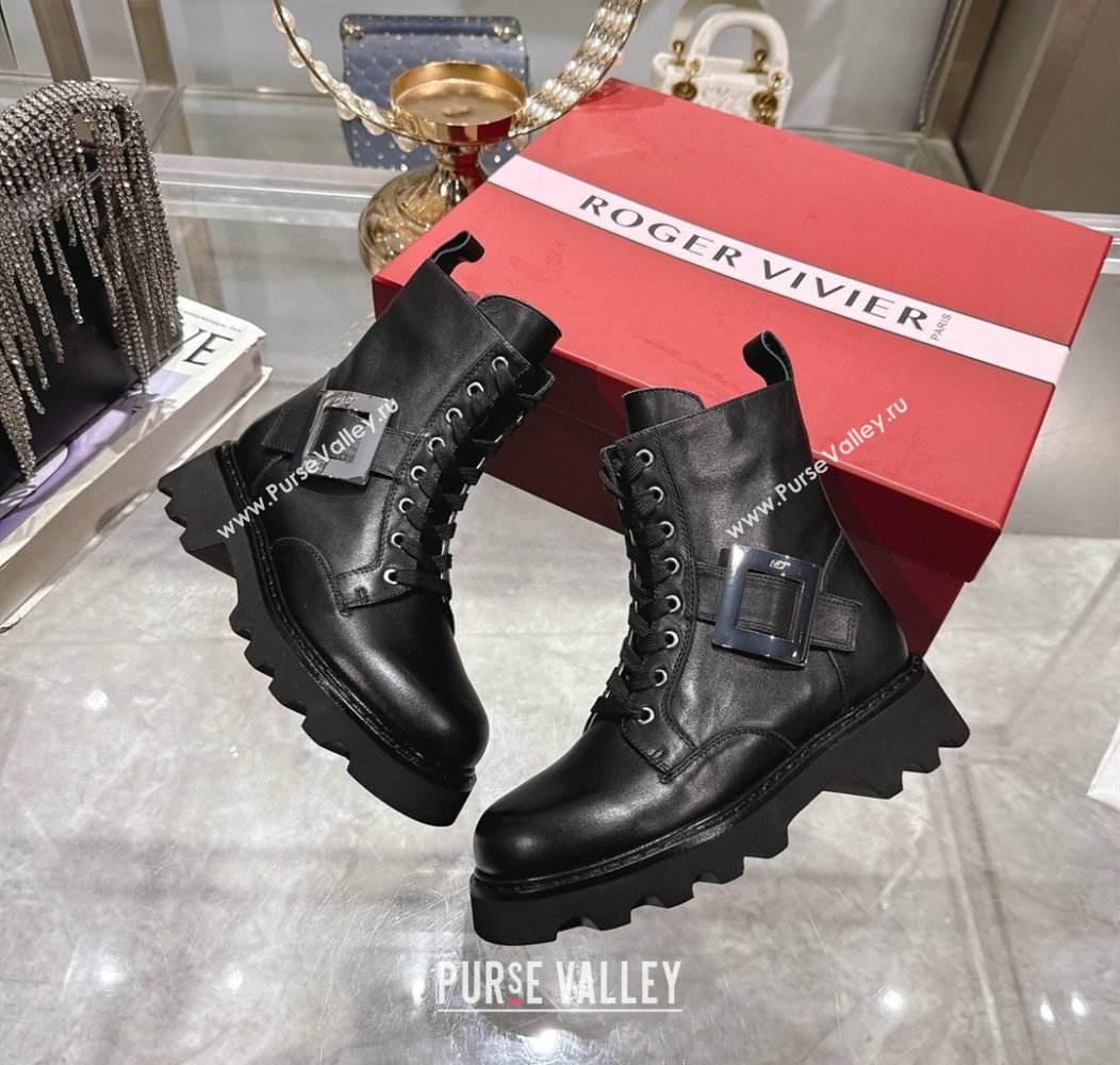 Roger Vivier Viv Rangers Truck Ankle Boots 5cm in Calfskin Leather with Metal Buckle Black/Silver 2025 (MD-251212035)