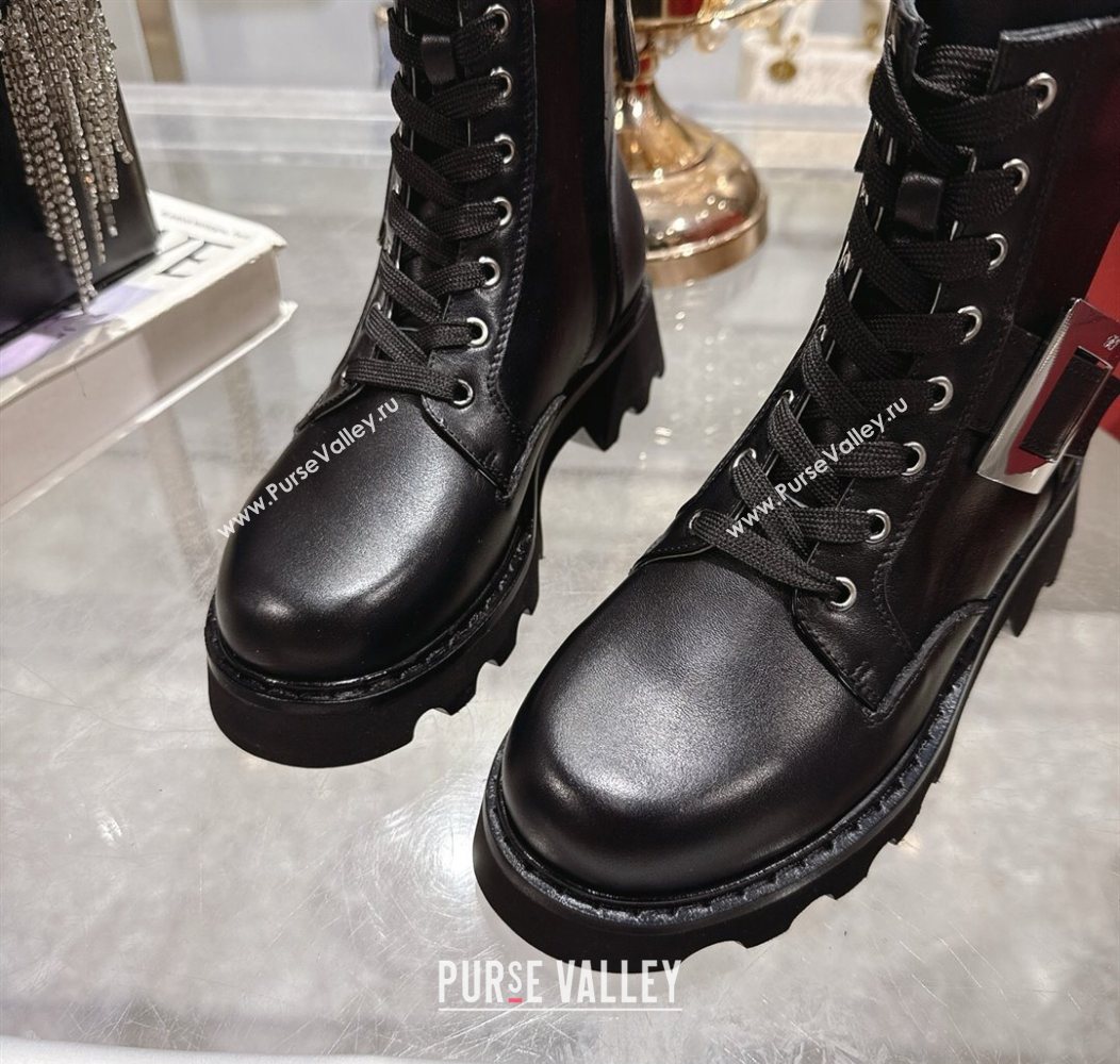Roger Vivier Viv Rangers Truck Ankle Boots 5cm in Calfskin Leather with Metal Buckle Black/Silver 2025 (MD-251212035)