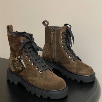 Roger Vivier Viv Rangers Truck Ankle Boots 5cm in Suede with Strass Buckle Brown 2025 (MD-251212030)