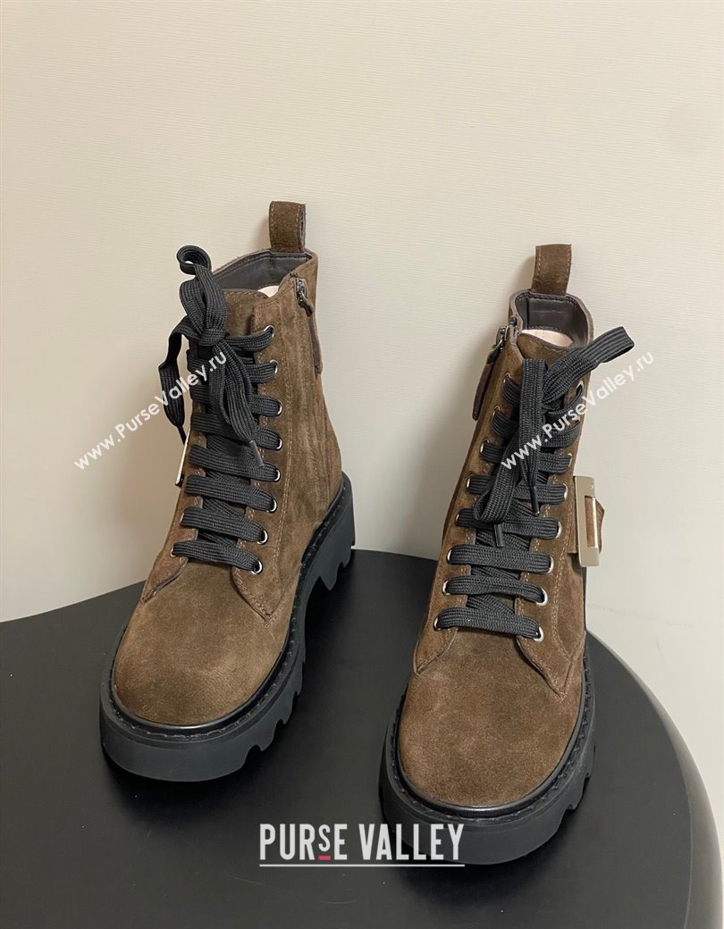 Roger Vivier Viv Rangers Truck Ankle Boots 5cm in Suede with Strass Buckle Brown 2025 (MD-251212030)