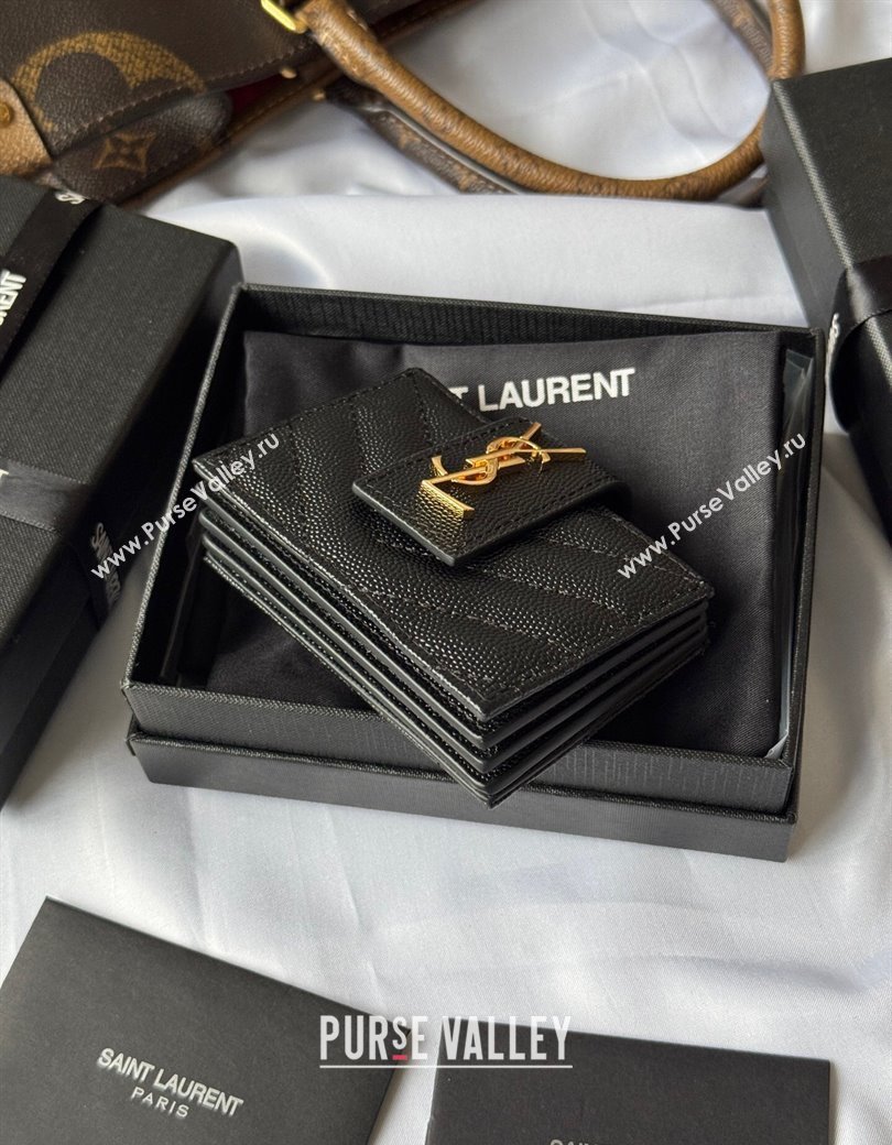 Saint Laurent Grained Leather Card Holder Wallet 607907 Black/Gold 2025 (YY-250206054)