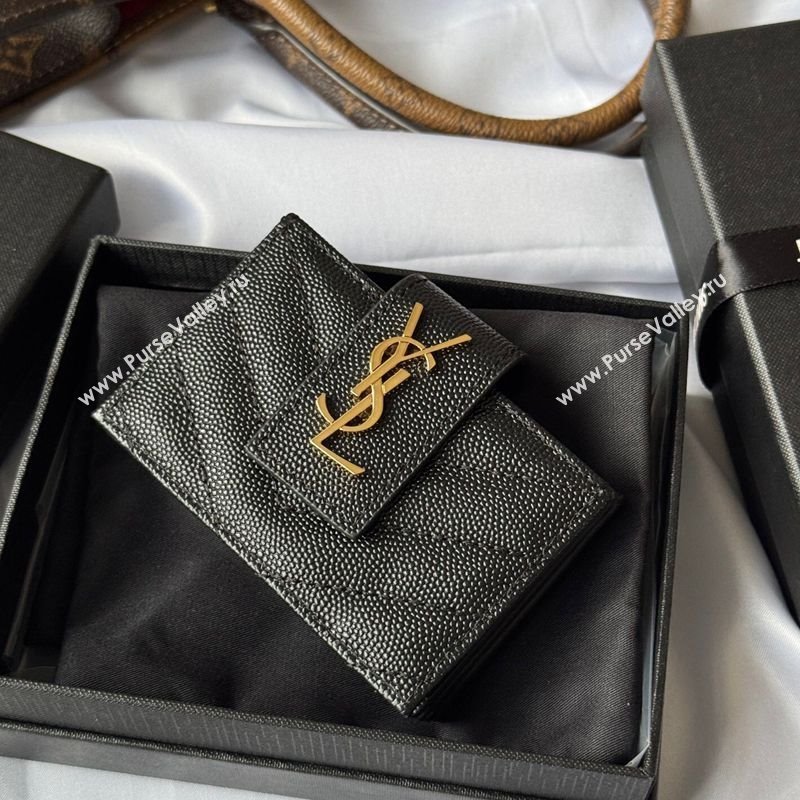 Saint Laurent Grained Leather Card Holder Wallet 607907 Black/Gold 2025 (YY-250206054)