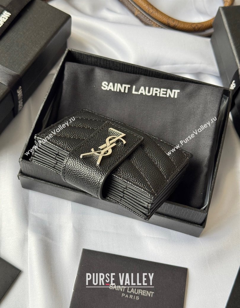 Saint Laurent Grained Leather Card Holder Wallet 607907 Black/Silver 2025 (YY-250206056)