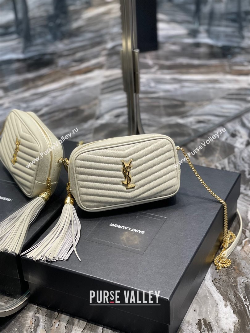 Saint Laurent Lou Mini Camera Bag with Tassel in Matelasse Grained Leather 585040 White 2025 (YY-250206037)
