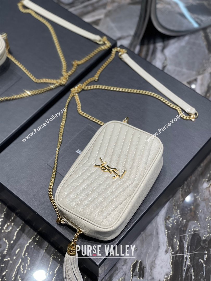 Saint Laurent Lou Mini Camera Bag with Tassel in Matelasse Grained Leather 585040 White 2025 (YY-250206037)