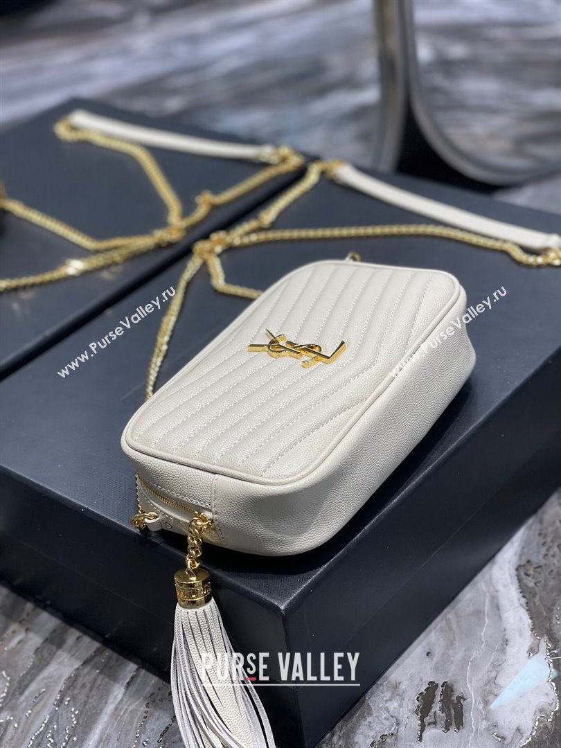 Saint Laurent Lou Mini Camera Bag with Tassel in Matelasse Grained Leather 585040 White 2025 (YY-250206037)
