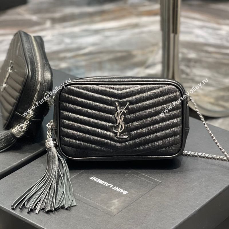 Saint Laurent Lou Mini Camera Bag with Tassel in Matelasse Grained Leather 585040 Black/Silver 2025 (YY-250206038)