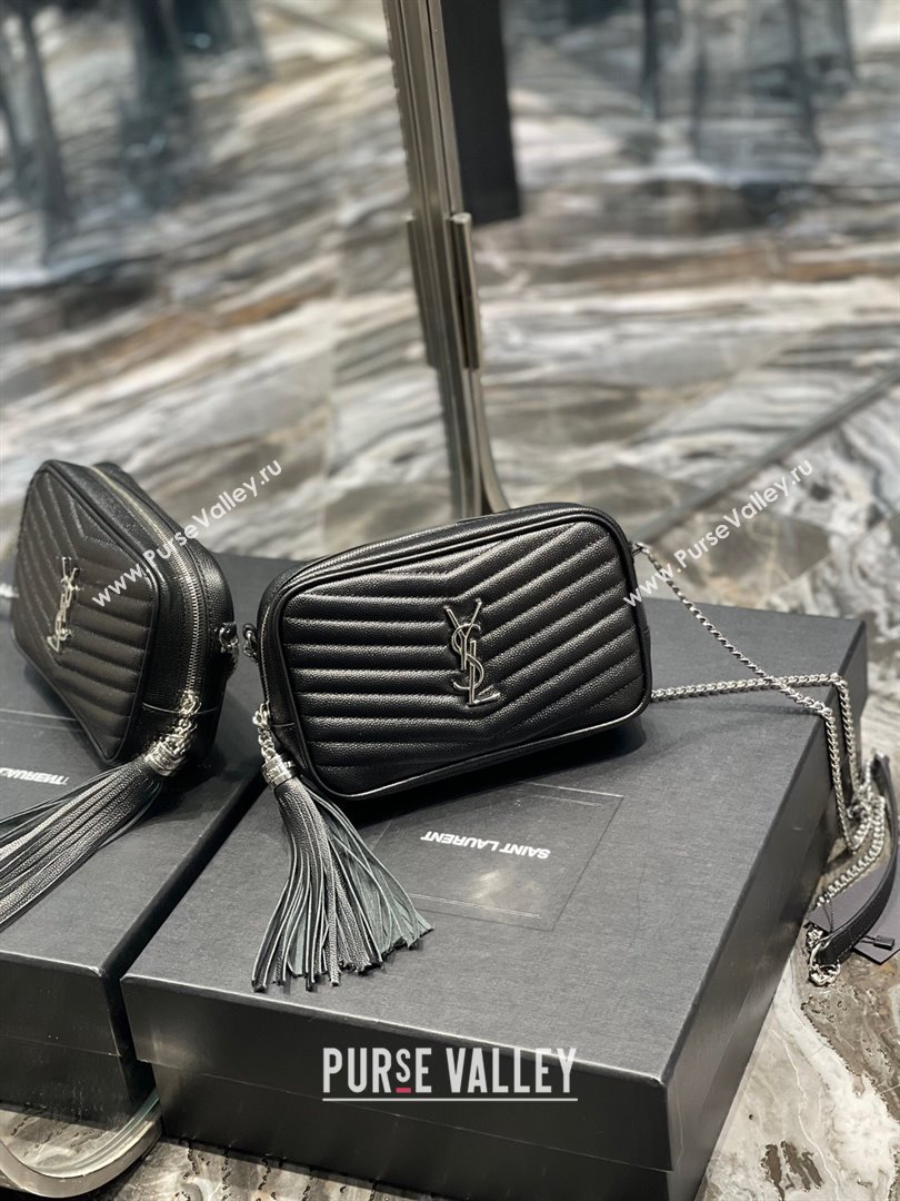 Saint Laurent Lou Mini Camera Bag with Tassel in Matelasse Grained Leather 585040 Black/Silver 2025 (YY-250206038)