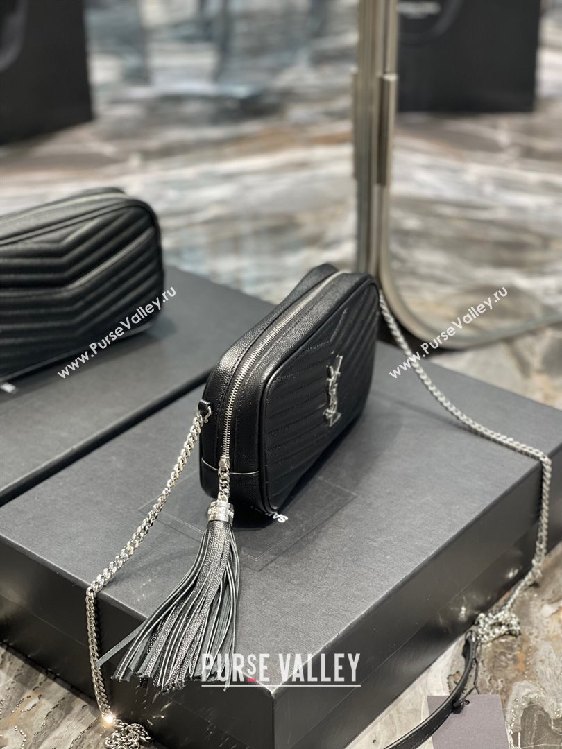 Saint Laurent Lou Mini Camera Bag with Tassel in Matelasse Grained Leather 585040 Black/Silver 2025 (YY-250206038)