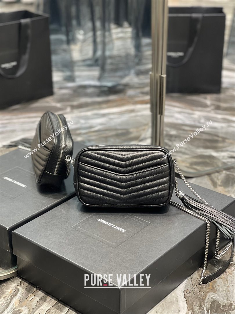 Saint Laurent Lou Mini Camera Bag with Tassel in Matelasse Grained Leather 585040 Black/Silver 2025 (YY-250206038)