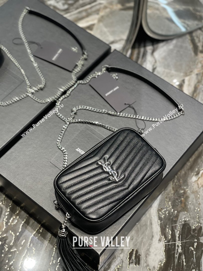 Saint Laurent Lou Mini Camera Bag with Tassel in Matelasse Grained Leather 585040 Black/Silver 2025 (YY-250206038)
