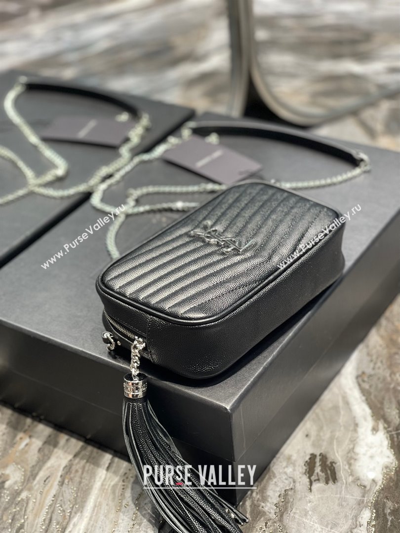 Saint Laurent Lou Mini Camera Bag with Tassel in Matelasse Grained Leather 585040 Black/Silver 2025 (YY-250206038)