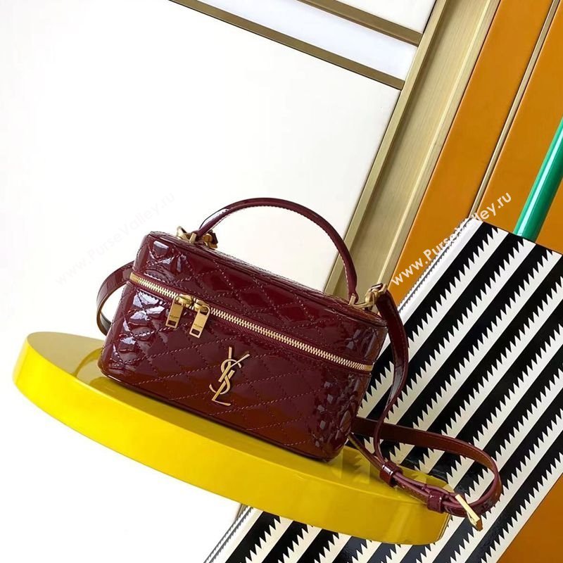 Saint Laurent Gaby Vanity Bag in Patent Quilted Lambskin Burgundy 2025 766731 (YY-250802032)