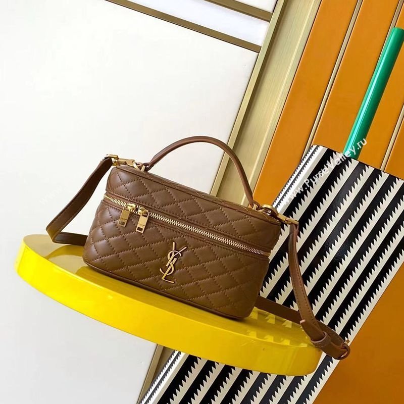 Saint Laurent Gaby Vanity Bag in Quilted Lambskin Leather Brown 2025 766731 (YY-250802033)