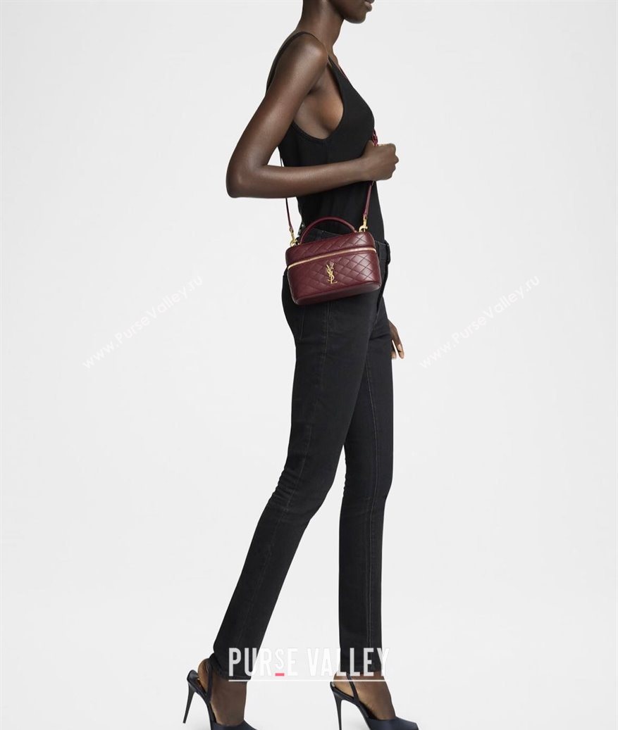 Saint Laurent Gaby Vanity Bag in Quilted Lambskin Leather Burgundy 2025 766731 (YY-250802036)