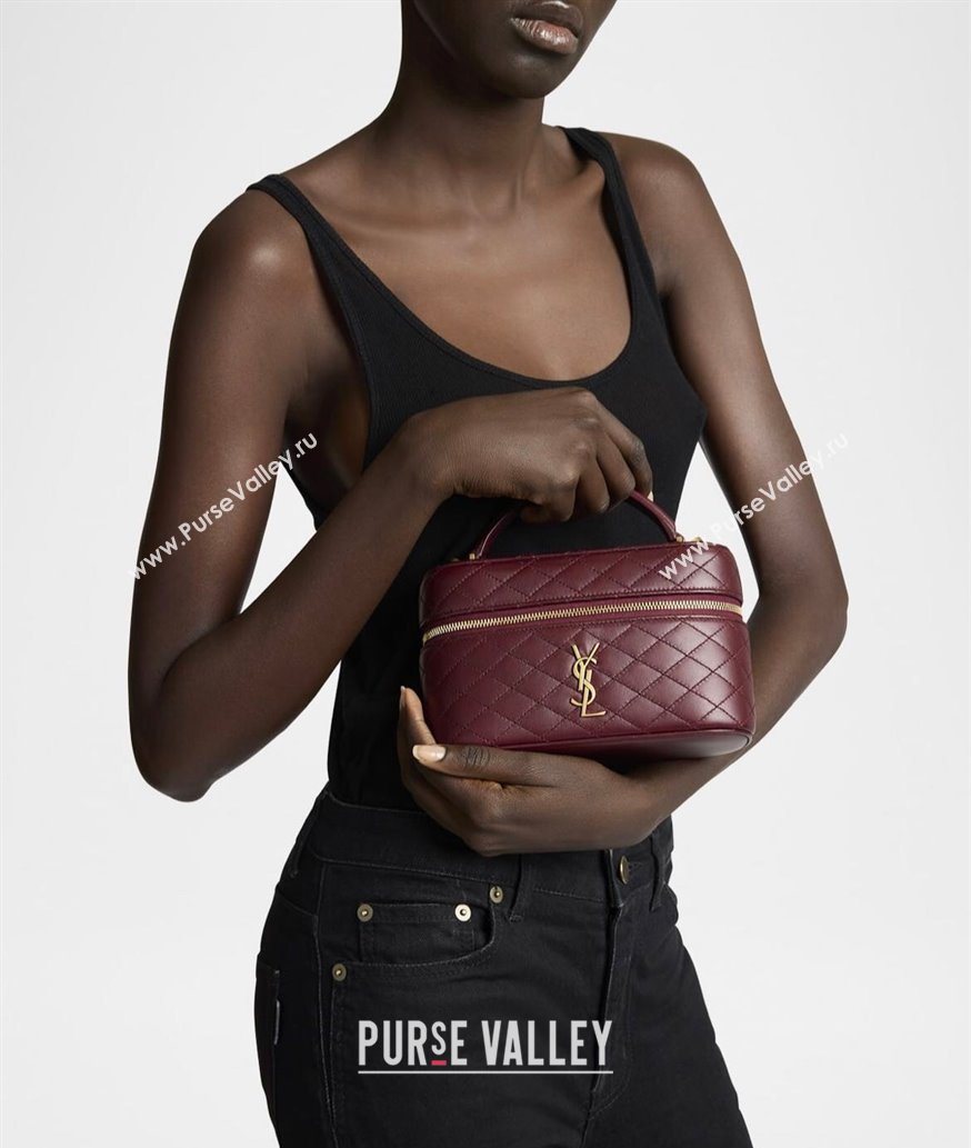 Saint Laurent Gaby Vanity Bag in Quilted Lambskin Leather Burgundy 2025 766731 (YY-250802036)