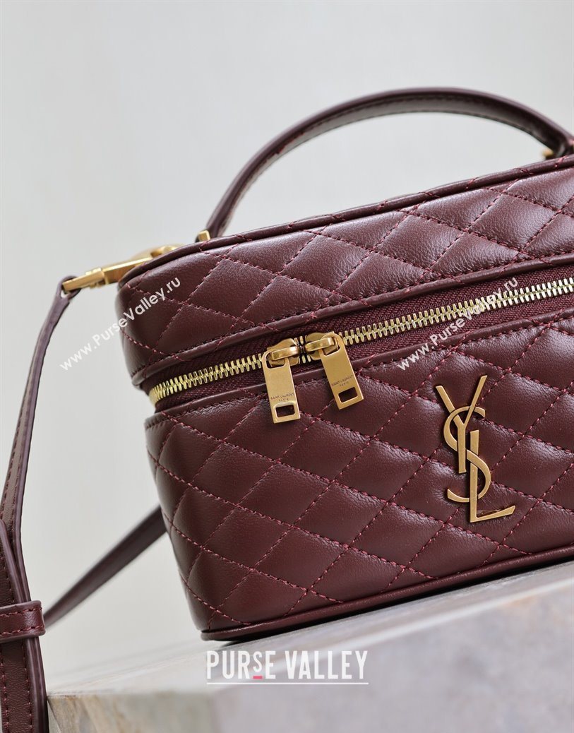 Saint Laurent Gaby Vanity Bag in Quilted Lambskin Leather Burgundy 2025 766731 (YY-250802036)
