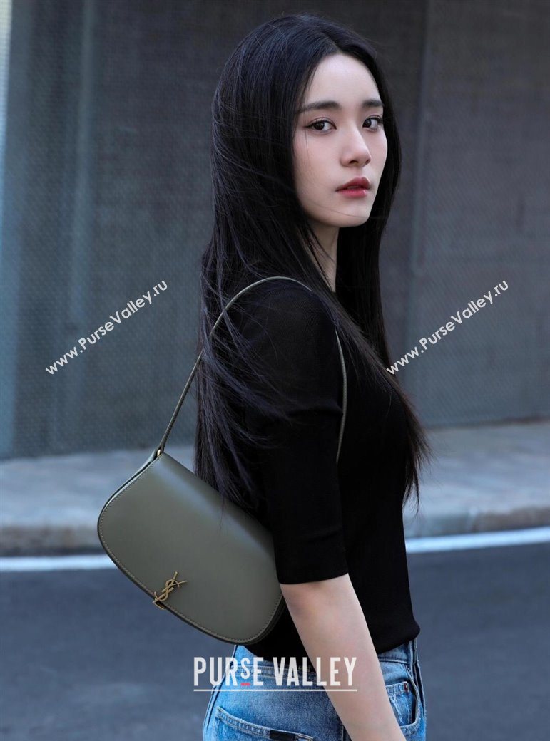 Saint Laurent Mini Voltaire Half-Moon Shoulder Bag in Box Leather Wheat Green 2025 779642 (YY-250801064)