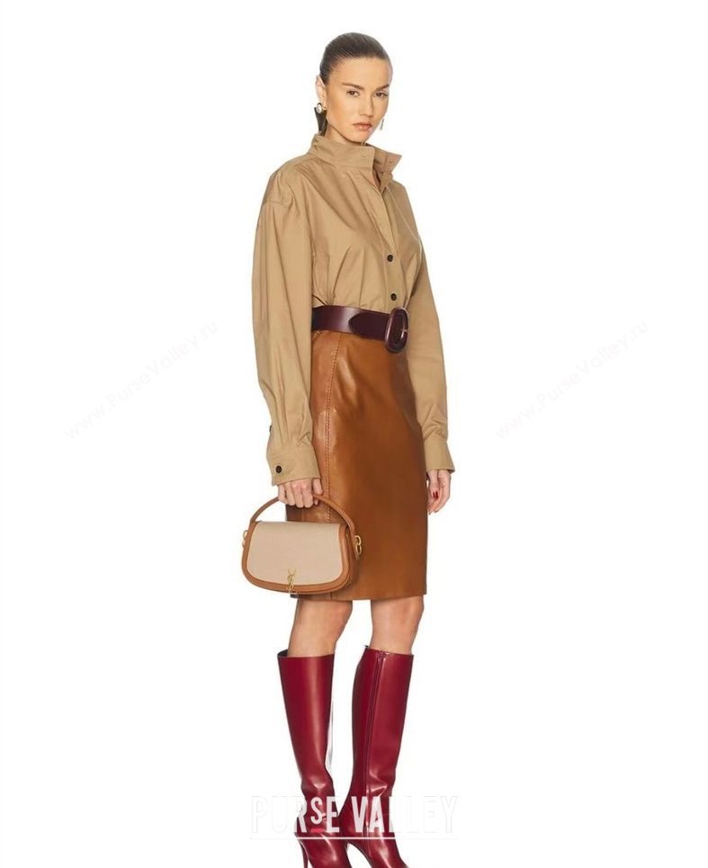 Saint Laurent Voltaire Bag in Box Leather Cotton Linen and Leather Brown 2025 7876710 (YY-250801076)