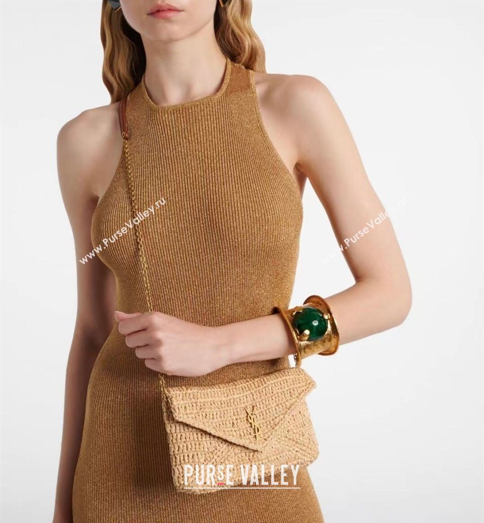 Saint Laurent Cassandre Chain Clutch in Raffia Straw Beige 2025 819271 (YY-250802014)