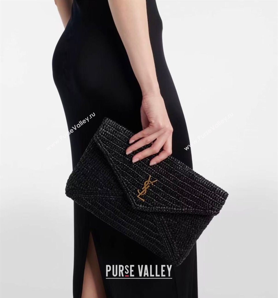 Saint Laurent Cassander Large Envelope Pouch in Rafia Straw 769307 Black 2025 (YY-250802017)