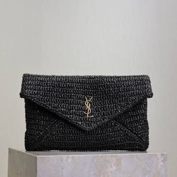 Saint Laurent Cassander Large Envelope Pouch in Rafia Straw 769307 Black 2025 (YY-250802017)