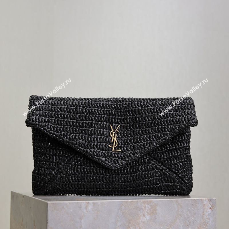 Saint Laurent Cassander Large Envelope Pouch in Rafia Straw 769307 Black 2025 (YY-250802017)