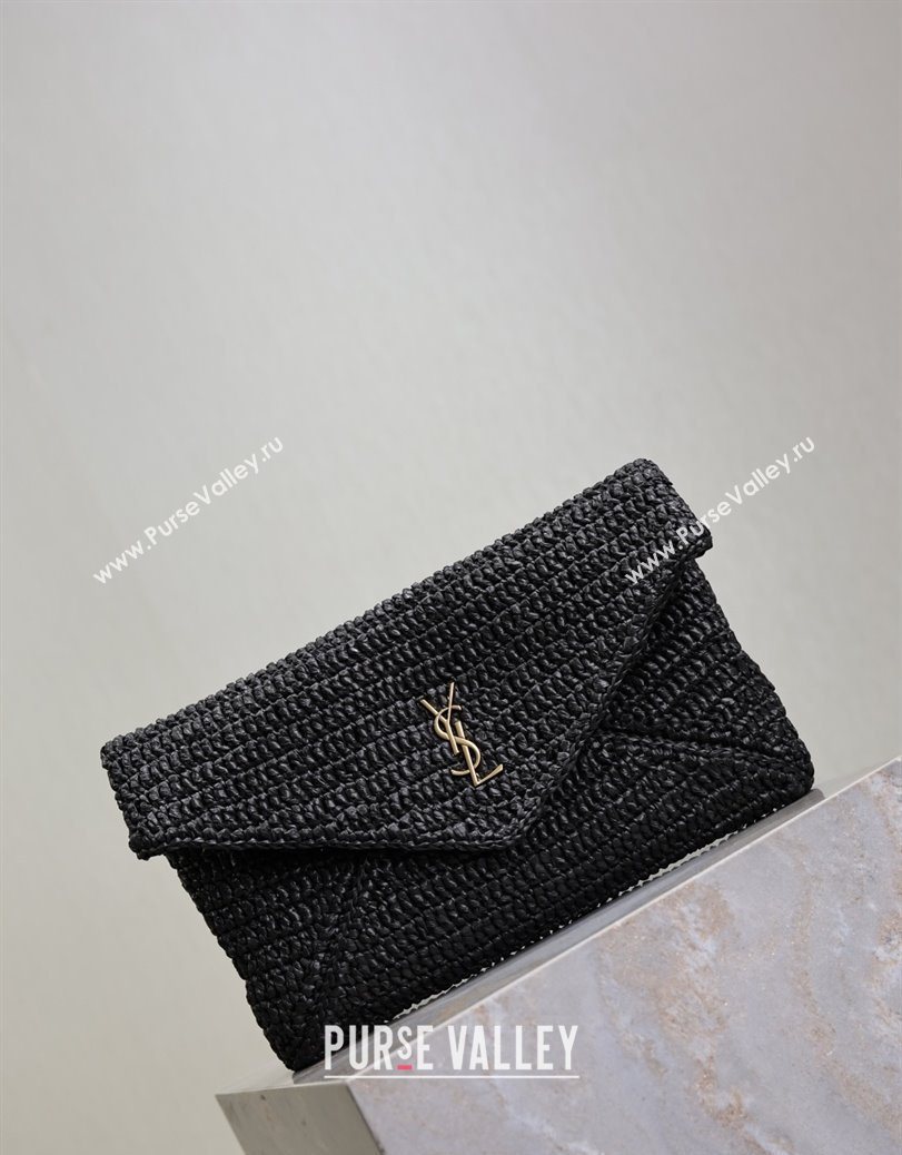 Saint Laurent Cassander Large Envelope Pouch in Rafia Straw 769307 Black 2025 (YY-250802017)