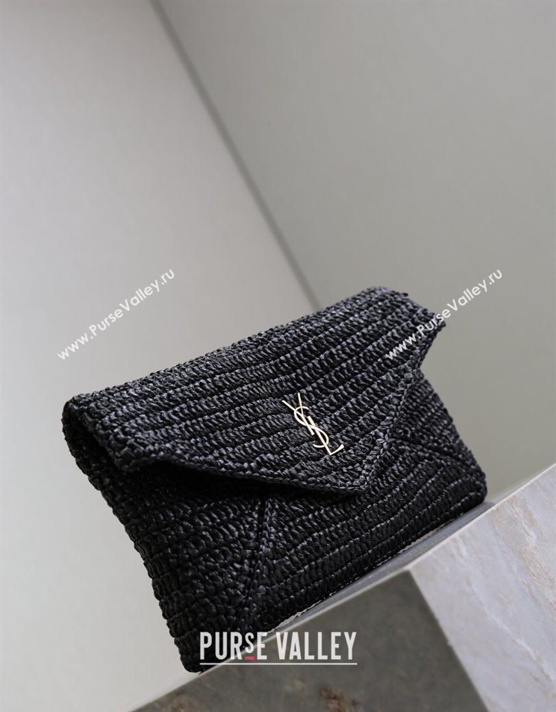 Saint Laurent Cassander Large Envelope Pouch in Rafia Straw 769307 Black 2025 (YY-250802017)