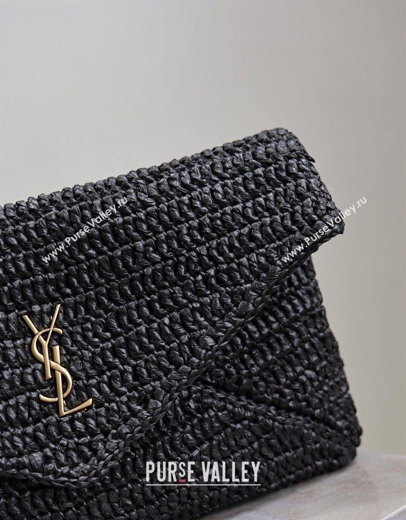 Saint Laurent Cassander Large Envelope Pouch in Rafia Straw 769307 Black 2025 (YY-250802017)