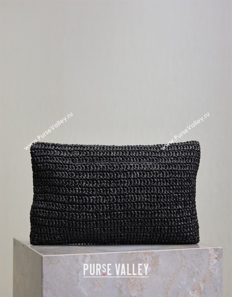 Saint Laurent Cassander Large Envelope Pouch in Rafia Straw 769307 Black 2025 (YY-250802017)