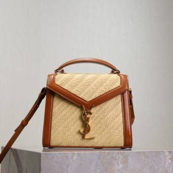 Saint Laurent Cassandre Mini Bag in Straw-Like and Leather Brown 2025 602716 (YY-250801086)