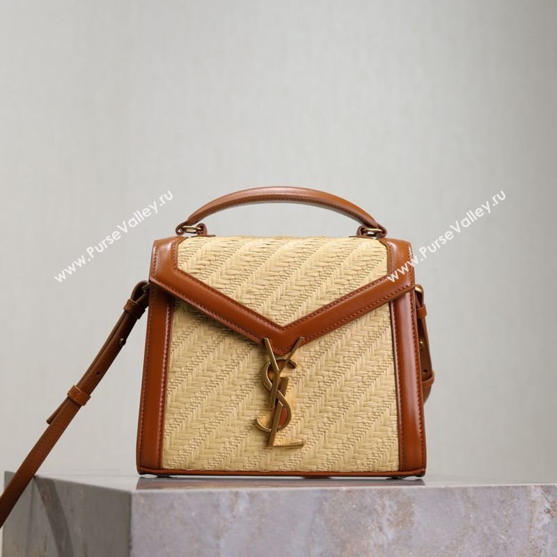 Saint Laurent Cassandre Mini Bag in Straw-Like and Leather Brown 2025 602716 (YY-250801086)