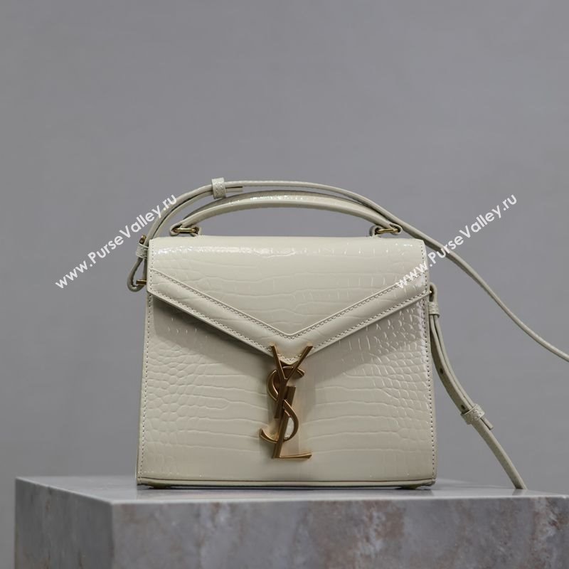 Saint Laurent Cassandre Mini Bag in Crocodile Embossed Leather White 2025 602716 (YY-250801088)
