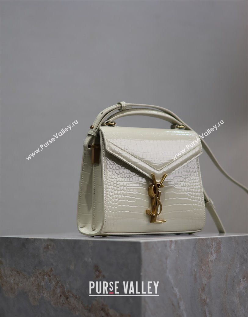 Saint Laurent Cassandre Mini Bag in Crocodile Embossed Leather White 2025 602716 (YY-250801088)