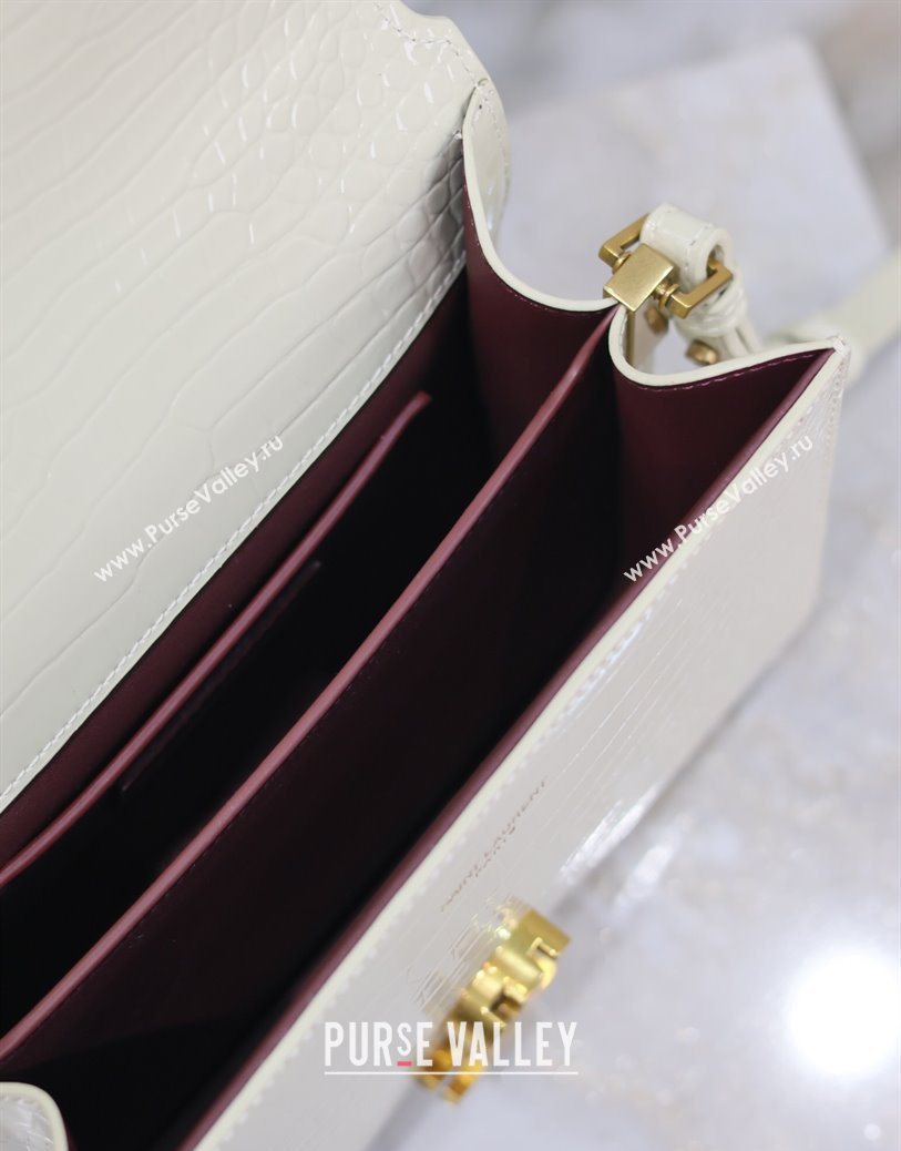 Saint Laurent Cassandre Mini Bag in Crocodile Embossed Leather White 2025 602716 (YY-250801088)