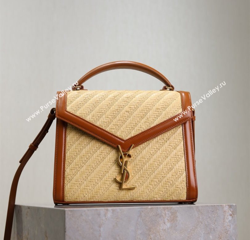 Saint Laurent Cassandra Top Handle Medium Bag in Straw-Like and Leather 578000 Brown 2025 (YY-250801106)