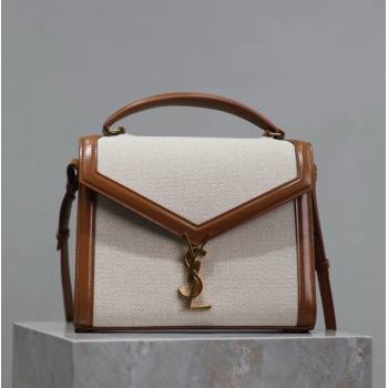 Saint Laurent Cassandra Top Handle Medium Bag in Cotton Linen and Leather 578000 Brown 2025 (YY-250801105)