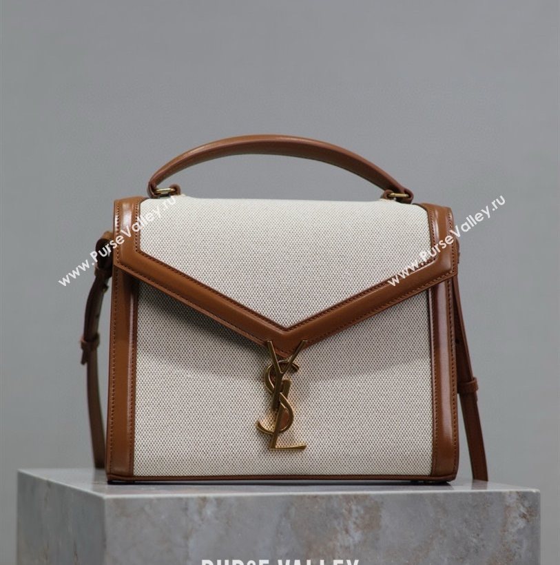Saint Laurent Cassandra Top Handle Medium Bag in Cotton Linen and Leather 578000 Brown 2025 (YY-250801105)
