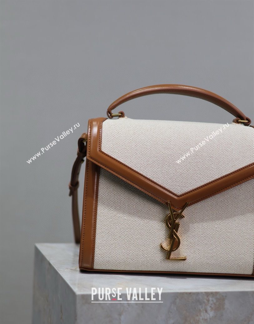 Saint Laurent Cassandra Top Handle Medium Bag in Cotton Linen and Leather 578000 Brown 2025 (YY-250801105)