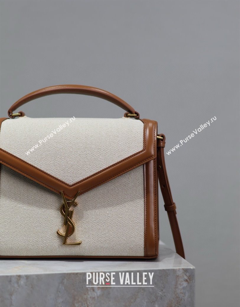 Saint Laurent Cassandra Top Handle Medium Bag in Cotton Linen and Leather 578000 Brown 2025 (YY-250801105)