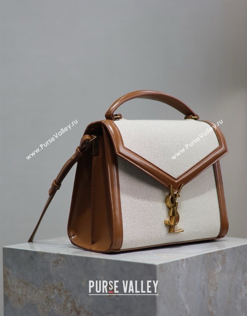Saint Laurent Cassandra Top Handle Medium Bag in Cotton Linen and Leather 578000 Brown 2025 (YY-250801105)