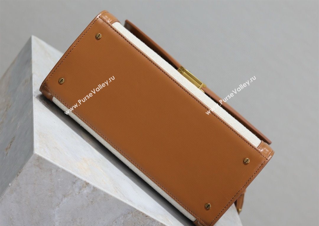 Saint Laurent Cassandra Top Handle Medium Bag in Cotton Linen and Leather 578000 Brown 2025 (YY-250801105)