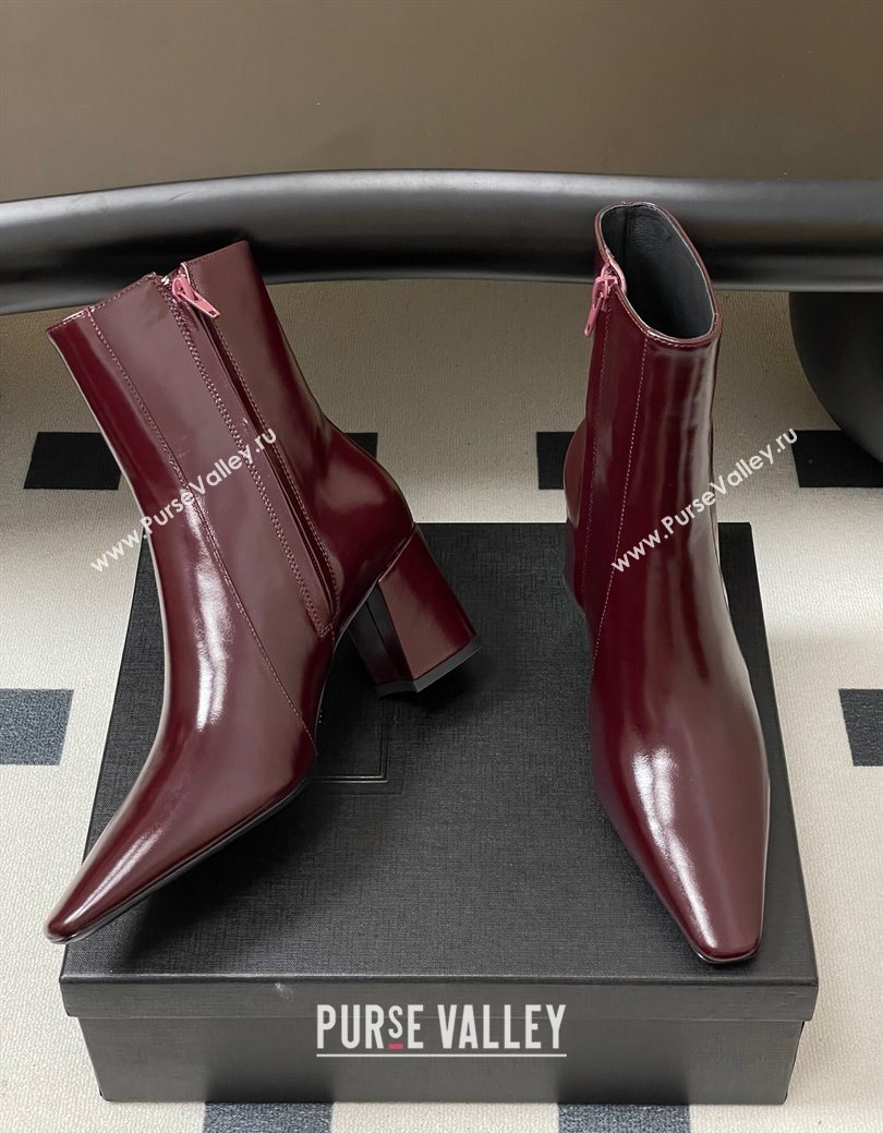 Saint Laurent Rainer Heel Ankle Boots 7.5cm in Shiny Leather Burgundy 2025 (MD-251028107)