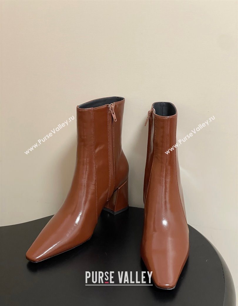 Saint Laurent Rainer Heel Ankle Boots 7.5cm in Shiny Leather Brown 2025 (MD-251028108)